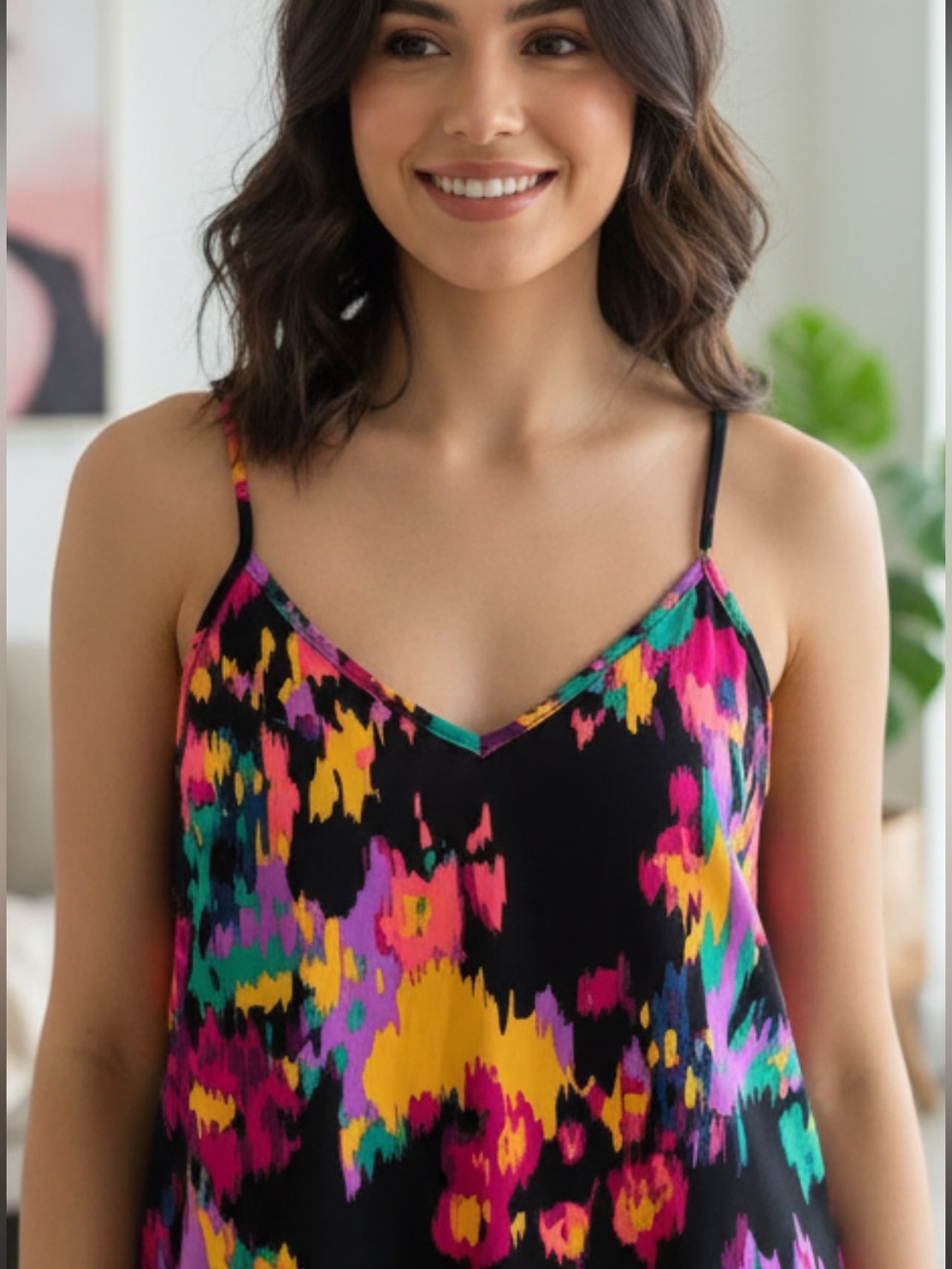 3/$25 Vibrant Abstract Print Cami Top - Black with Pink, Yellow & Teal •  Large